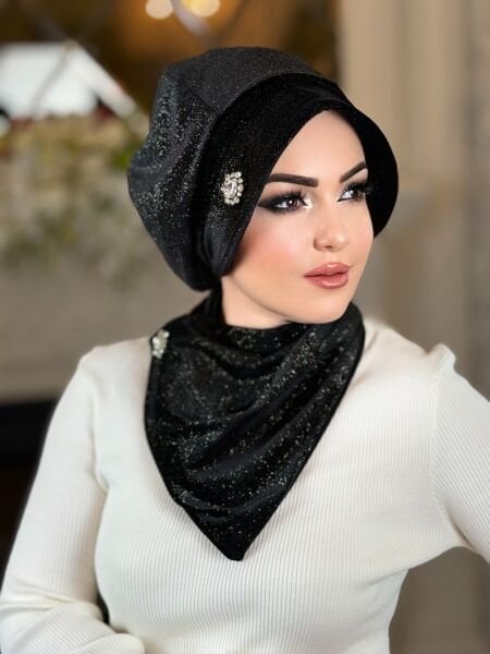 SİYAH KADİFE FULARLI ŞAPKA TAKIM
