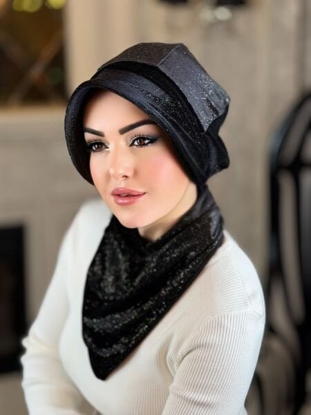 SİYAH KADİFE FULARLI ŞAPKA TAKIM