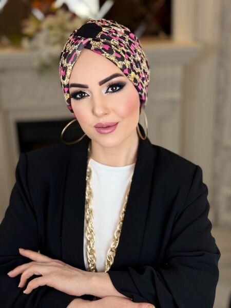 KREM FUŞYA LEOPAR DESENLİ ÇAPRAZ BONE