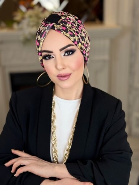 Krem Fuşya Leopar Desenli Çapraz Bone