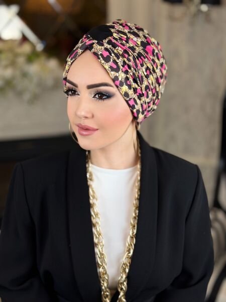 KREM FUŞYA LEOPAR DESENLİ ÇAPRAZ BONE