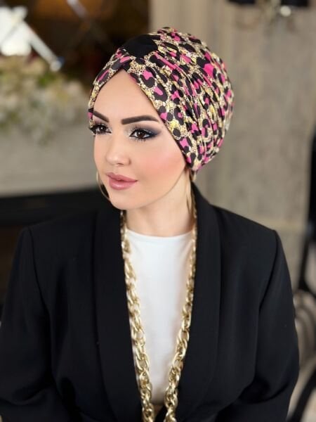 Krem Fuşya Leopar Desenli Çapraz Bone