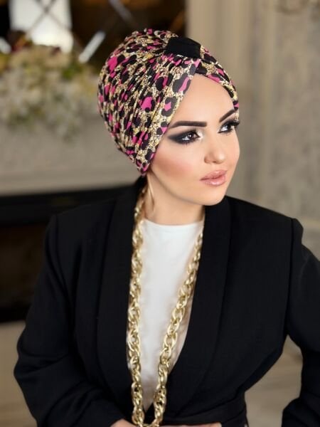 KREM FUŞYA LEOPAR DESENLİ ÇAPRAZ BONE