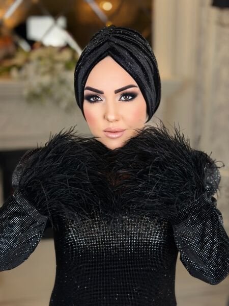 SİYAH KADİFE PIRILTILI DÖKÜMLÜ BONE