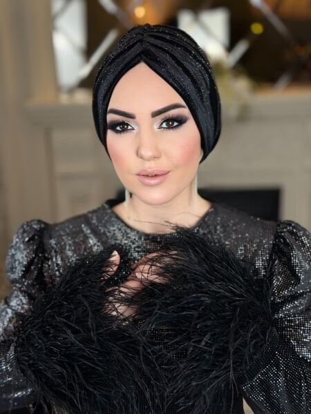 SİYAH KADİFE PIRILTILI DÖKÜMLÜ BONE