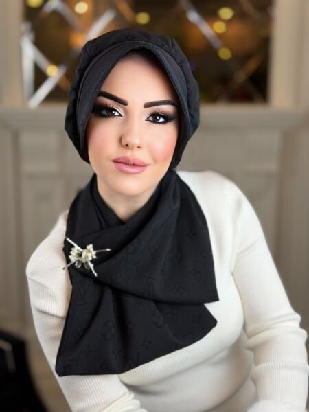 SİYAH LW DESENLİ ŞAPKA FULARLI TAKIM
