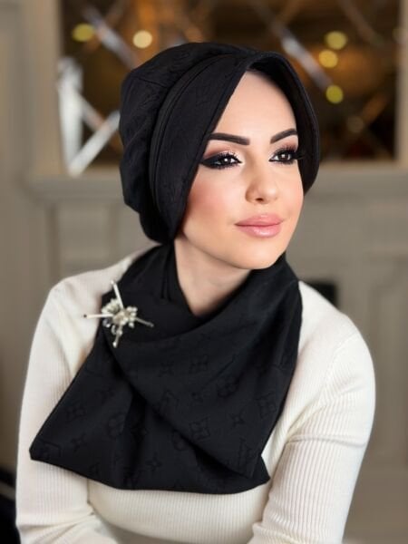 SİYAH LW DESENLİ ŞAPKA FULARLI TAKIM