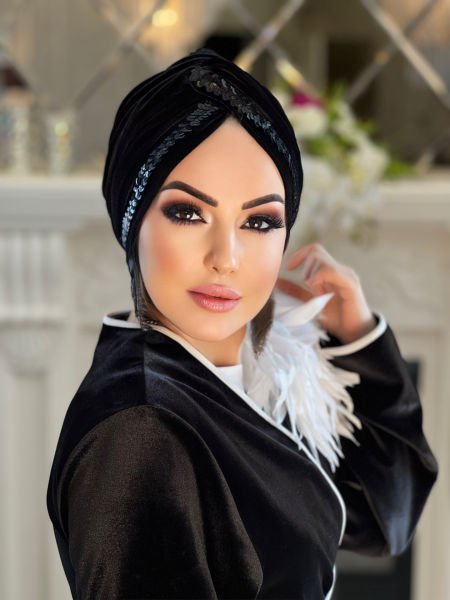 SİYAH KADİFE SİYAH PAYET ŞERİTLİ DÜĞÜM BONE