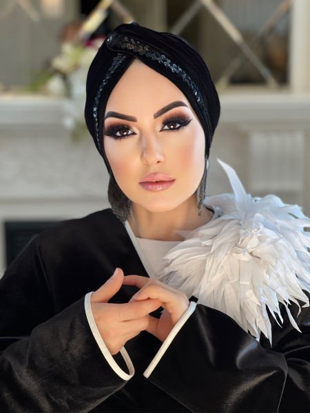 SİYAH KADİFE SİYAH PAYET ŞERİTLİ DÜĞÜM BONE