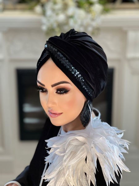SİYAH KADİFE SİYAH PAYET ŞERİTLİ DÜĞÜM BONE