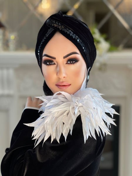 SİYAH KADİFE SİYAH PAYET ŞERİTLİ DÜĞÜM BONE