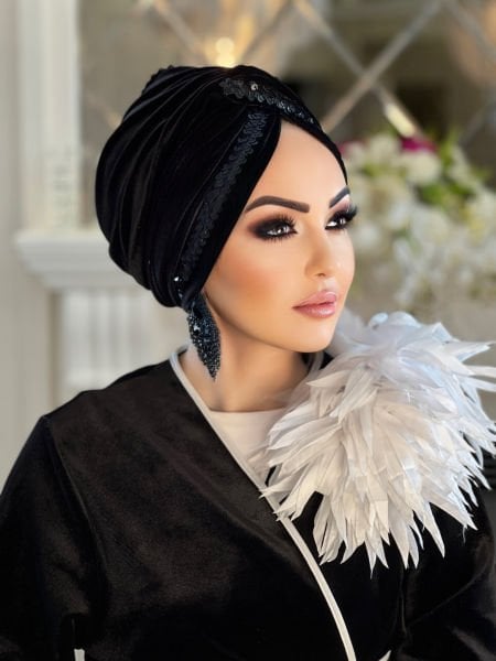 SİYAH KADİFE SİYAH PAYET ŞERİTLİ DÜĞÜM BONE