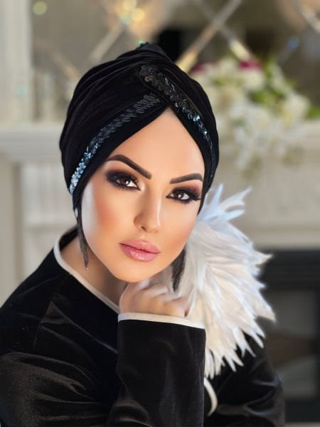 SİYAH KADİFE SİYAH PAYET ŞERİTLİ DÜĞÜM BONE