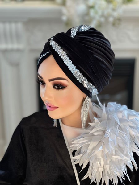 SİYAH KADİFE GÜMÜŞ PAYET ŞERİTLİ DÜĞÜM BONE