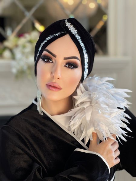 SİYAH KADİFE GÜMÜŞ PAYET ŞERİTLİ DÜĞÜM BONE