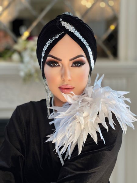 SİYAH KADİFE GÜMÜŞ PAYET ŞERİTLİ DÜĞÜM BONE