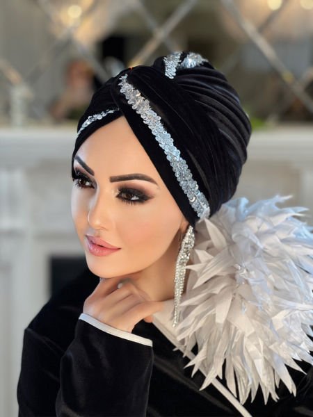 SİYAH KADİFE GÜMÜŞ PAYET ŞERİTLİ DÜĞÜM BONE