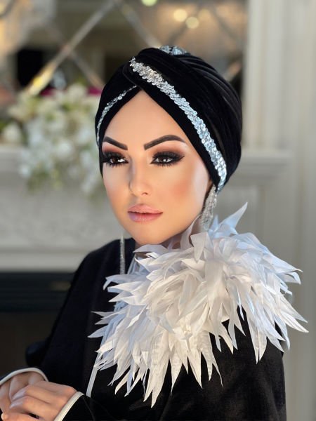 SİYAH KADİFE GÜMÜŞ PAYET ŞERİTLİ DÜĞÜM BONE