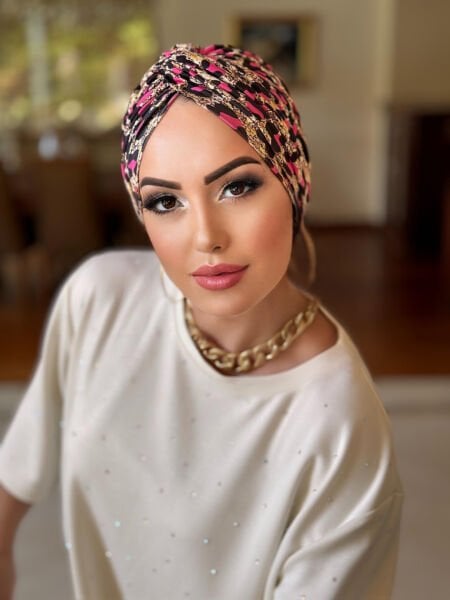 CREAM-FUCHIA LEOPARD PATTERNED KNOT BONNET