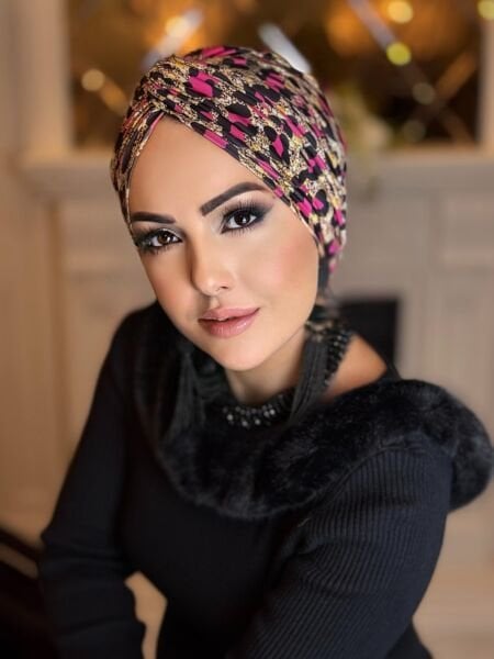 KREM-FUŞYA LEOPAR DESENLİ DÜĞÜM BONE