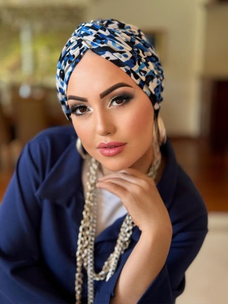 NAVY BLUE WHITE PATTERNED KNOT BONNET