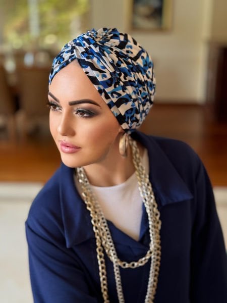 NAVY BLUE WHITE PATTERNED KNOT BONNET
