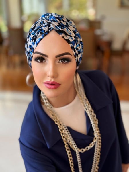 NAVY BLUE WHITE PATTERNED KNOT BONNET