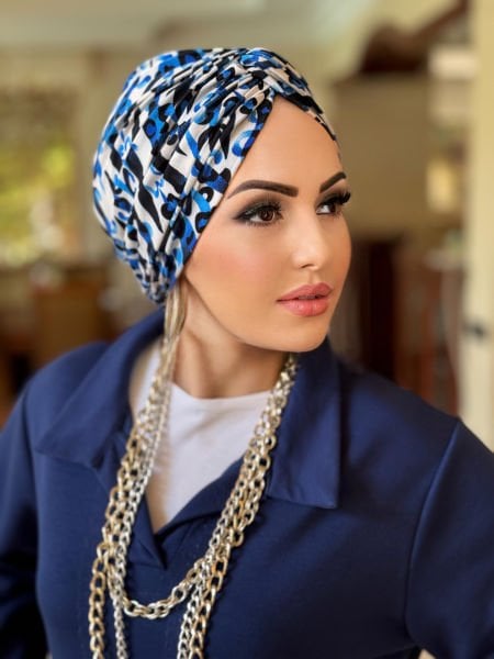 NAVY BLUE WHITE PATTERNED KNOT BONNET