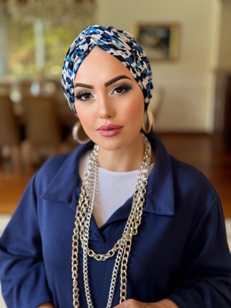 NAVY BLUE WHITE PATTERNED KNOT BONNET
