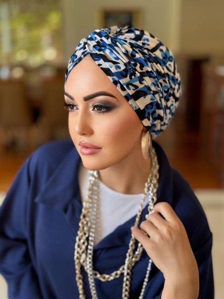 NAVY BLUE WHITE PATTERNED KNOT BONNET