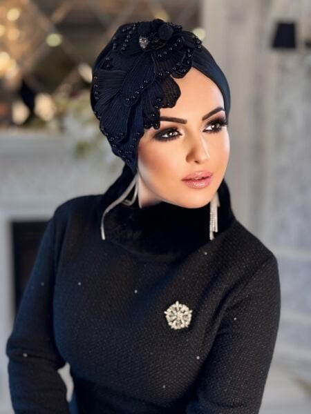 SİYAH ÇİÇEK TASARIM BONE