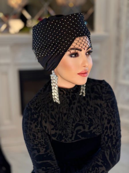 SİYAH FİLE TAŞLI MADAM BONNET