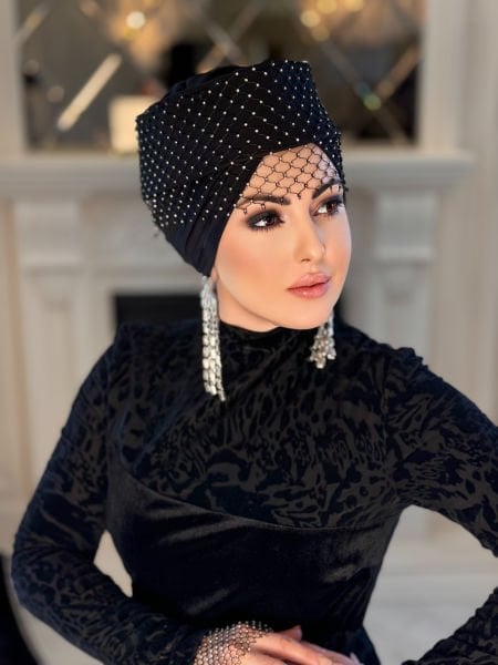 SİYAH FİLE TAŞLI MADAM BONNET
