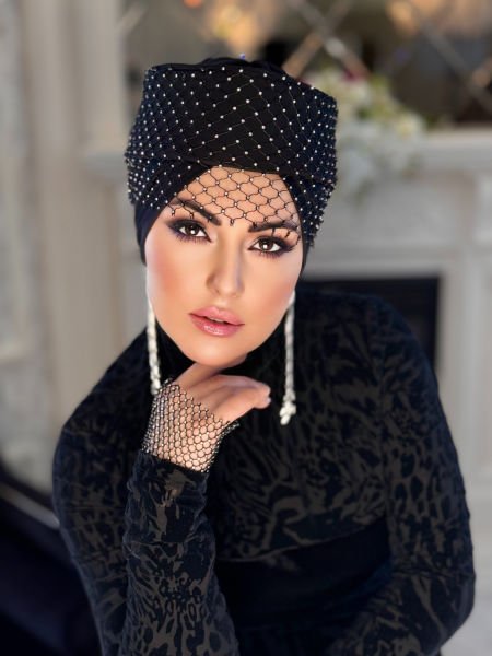 SİYAH FİLE TAŞLI MADAM BONNET