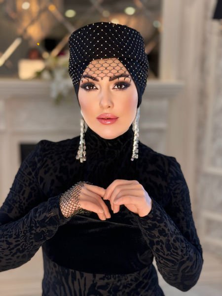 SİYAH FİLE TAŞLI MADAM BONNET