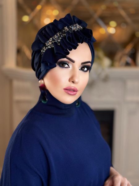 NAVY BLUE SILVER SEQUINED SIDE FRILL BONNET