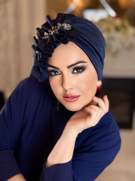 NAVY BLUE SILVER SEQUINED SIDE FRILL BONNET