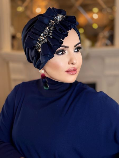 NAVY BLUE SILVER SEQUINED SIDE FRILL BONNET