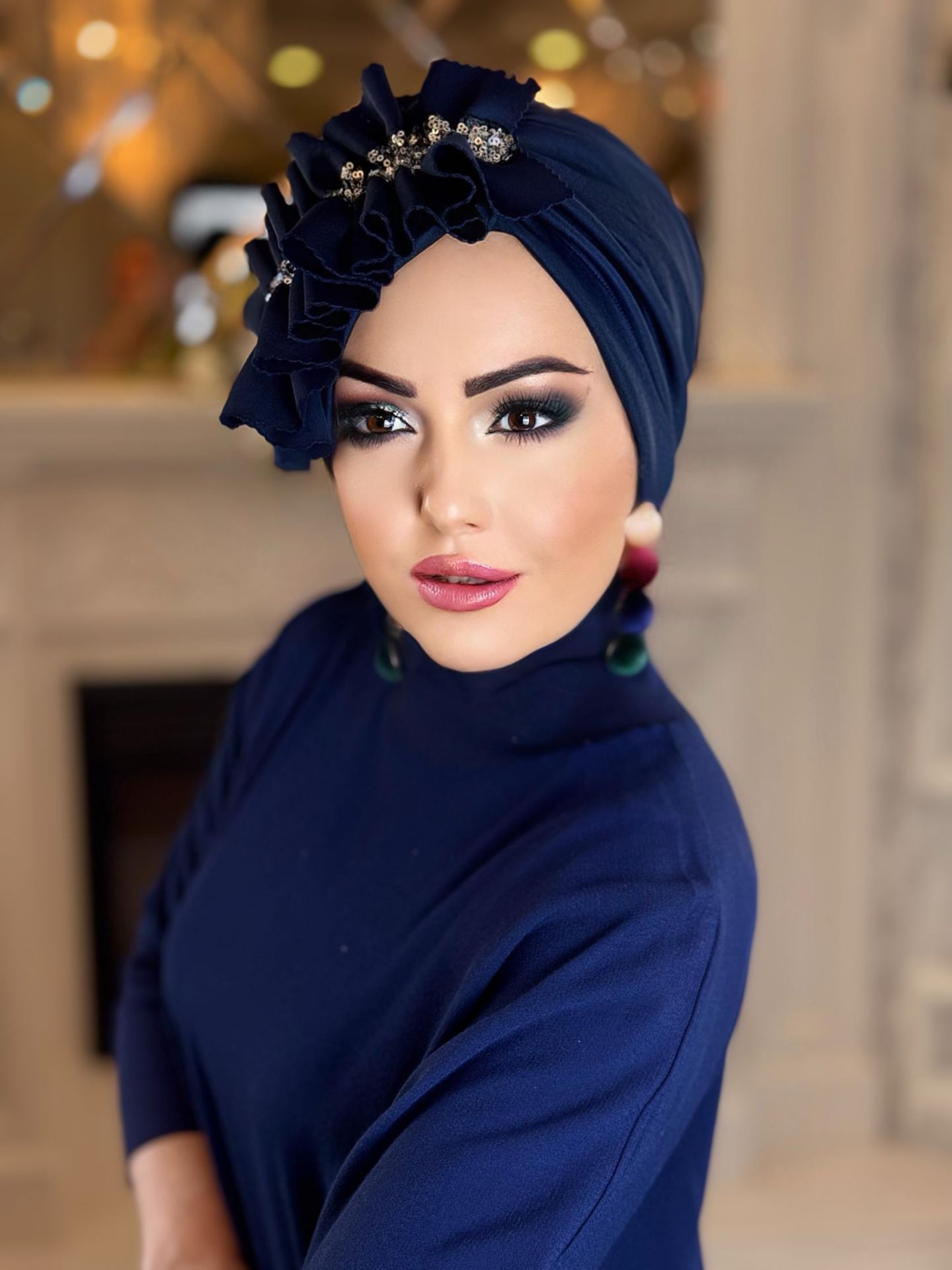 NAVY BLUE SILVER SEQUINED SIDE FRILL BONNET