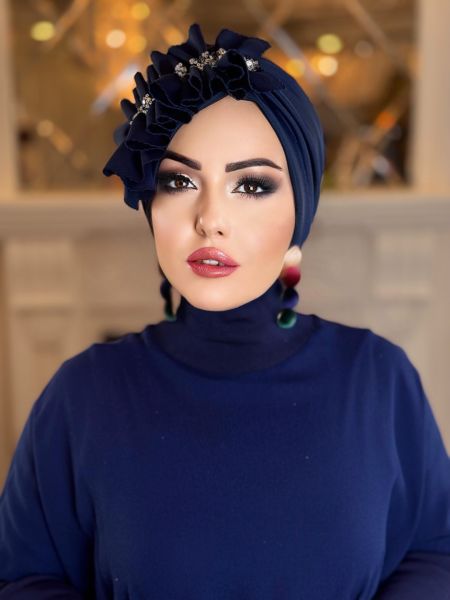 NAVY BLUE SILVER SEQUINED SIDE FRILL BONNET