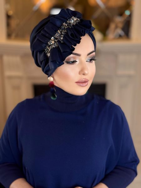 NAVY BLUE SILVER SEQUINED SIDE FRILL BONNET
