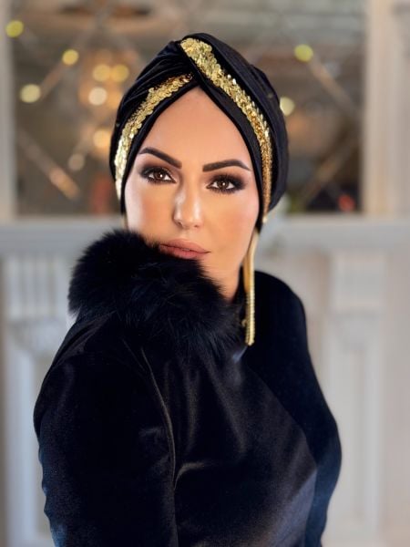 SİYAH KADİFE GOLD PAYET ŞERİTLİ DÜĞÜM BONE