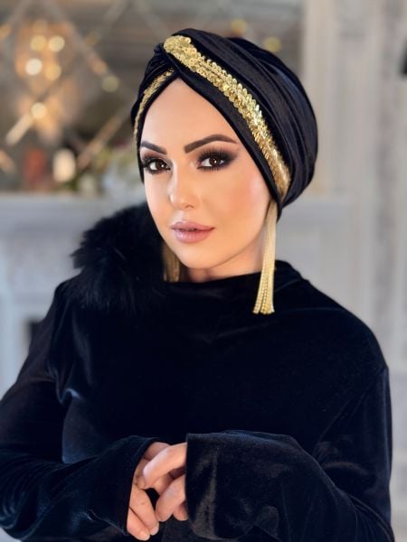 SİYAH KADİFE GOLD PAYET ŞERİTLİ DÜĞÜM BONE
