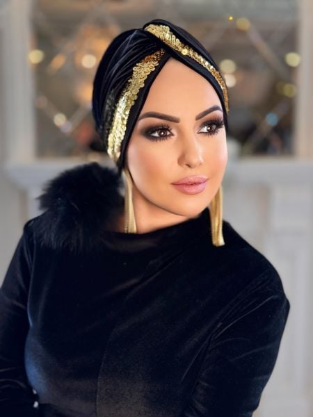 SİYAH KADİFE GOLD PAYET ŞERİTLİ DÜĞÜM BONE