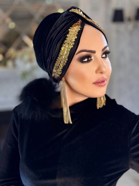 SİYAH KADİFE GOLD PAYET ŞERİTLİ DÜĞÜM BONE