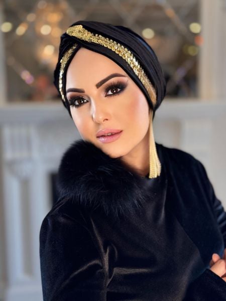 SİYAH KADİFE GOLD PAYET ŞERİTLİ DÜĞÜM BONE