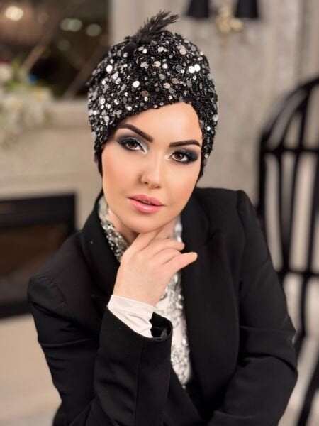 SİYAH GÜMÜŞ PAYETLİ MADAM BONE
