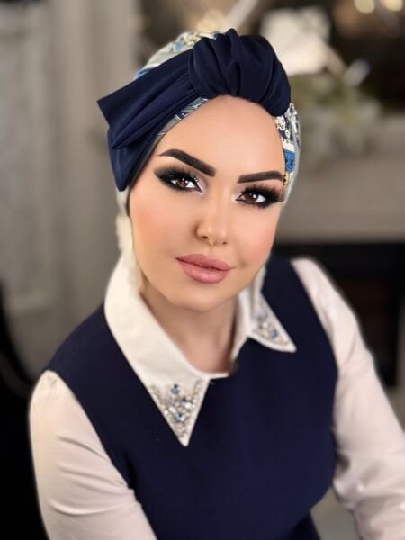 LACİVERT DESENLİ YANDAN KATLI BONE