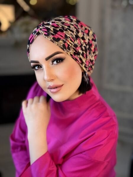 KREM FUŞYA LEOPAR DESENLİ DÖKÜMLÜ BONE