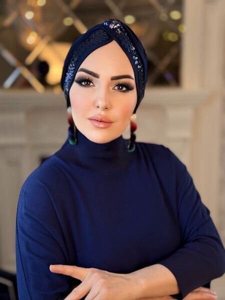 LACİVERT PAYET ŞERİTLİ DÜĞÜM BONE